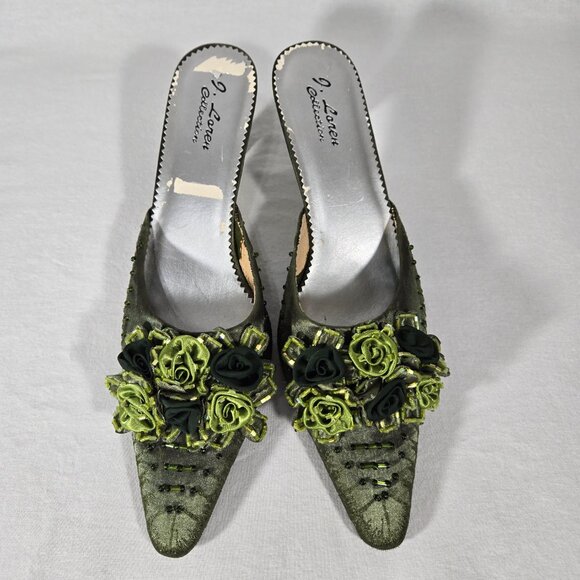 Vintage Y2K Hipster Fairy Hunter Green Floral Beaded Pointed Toe Mules Size 11M. - Picture 4 of 17